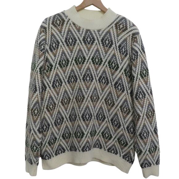 Alfred Dunner Womens Sz L Cream Green Tan Diamond Knit Sweater Made in the USA - Picture 1 of 7